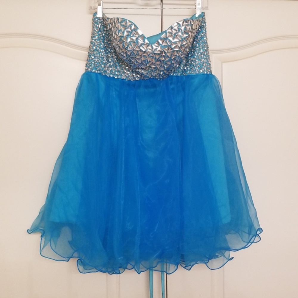 Teal strapless sequined lace up back